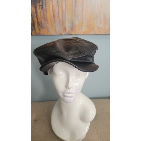 Vintage Oracle USA Black Leather Greek Fisherman Biker Cap – Made in USA – Size - Picture 1 of 8